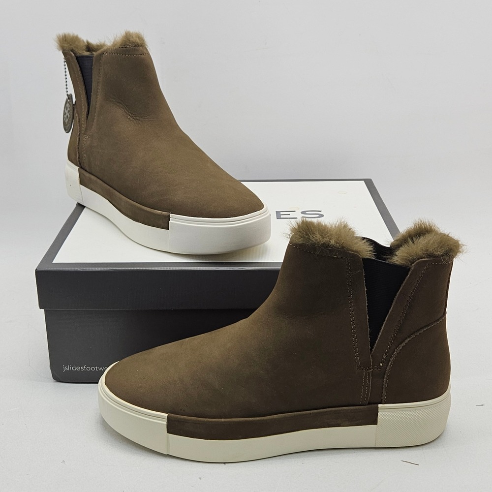 J/Slides Val Khaki Nubuck Waterproof Faux Fur Platform Ankle Boots Mens 9.5M